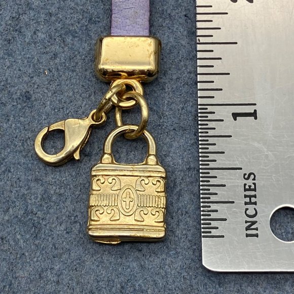 Lock Charm Bracelet As Is Cross Gold Chunky Chain Purple Leather Strap Retro - Picture 6 of 8